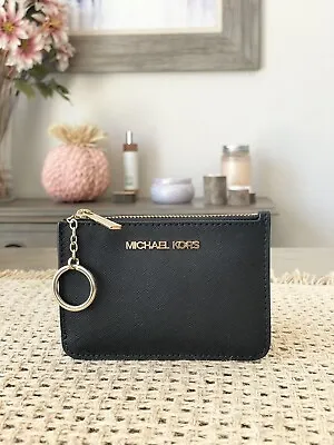 Michael Kors Jet Set Travel Small Leather Top Zip Coin Pouch With ID Black Gold • $38.98
