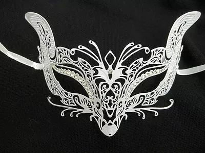 White Fox Cat Rhinestone Laser Cut Venetian Mask Masquerade Metal Filigree • $12.99