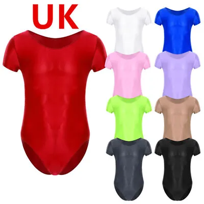 UK Men's Bodysuit Glossy Nylon Stretch Short Sleeve Leotard Gymnastics Sportwear • £9.09