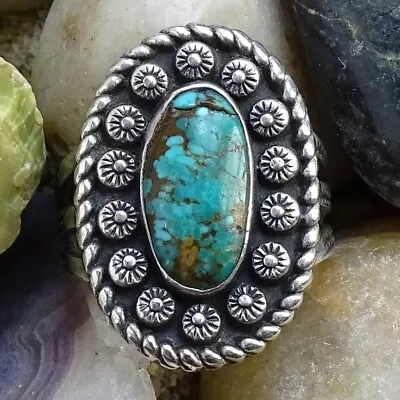 Vintage Navajo Turquoise Ring Size 6 Sterling Silver Stamped Raindrops & Shank • $95