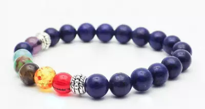 Lapis Lazuli 7Chakra Gemstone Beads Stretch Fit Positive Energy Health Bracelet • £5.39