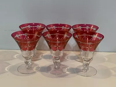 Vintage Set Of 6 Pink Cut To Clear Bohemian Sherry Glasses • $85