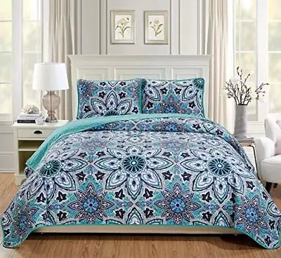 Twin/twin Xl 2pc Oversized Quilted Bedspread Coverlet Set Floral Turquoise White • $51.28