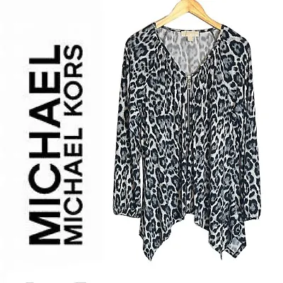 MICHAEL Michael Kors Cheetah Print Top Size 1X Sharkbite Hem 1/4 Zip Blouse Logo • $34.99