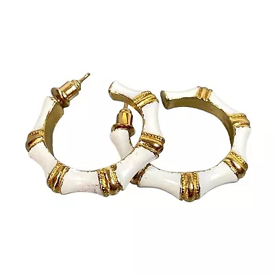 Vintage Semi Hoop Earrings 26mm Bamboo Modernist Gold Plated Enamel 80s Jewelry • $21.98