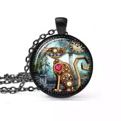 Steampunk Animal Cat Glass Cabochon Pendant Necklace Womens Black Chain Gift • $9.98