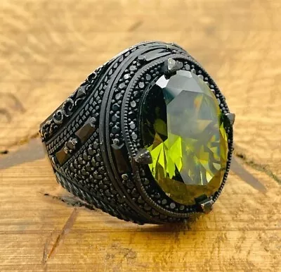 Mens Silver Ring Green Peridot Oval Stone Ring 925K Mens Jewelry • £45.36