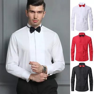 Mens French Cuff Tuxedo Shirt Pleated Tip Collar Evening Party Shirt Wedding Top • £13.99