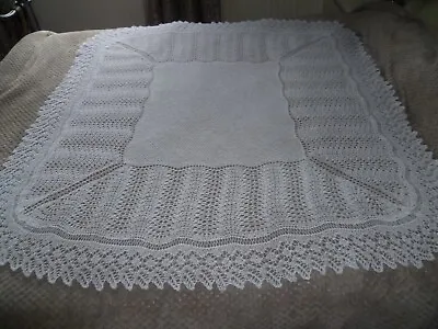 Square Hand Knitted Baby Shawl White 2 Ply Yarn • £35