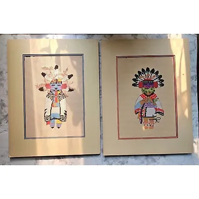 Vintage Pair Of Native American Kachina Needle Point Pictures 17  X 13  Matted • $150