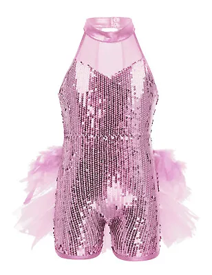 Kids Child Girl Sequins Jazz Latin Dance Costume Stage Performance Leotard Skirt • £9.99