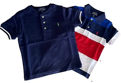 Ralph Lauren Boys T Shirt Mesh Polo Henley 2 Pack Navy Red Age 2 • £16.99