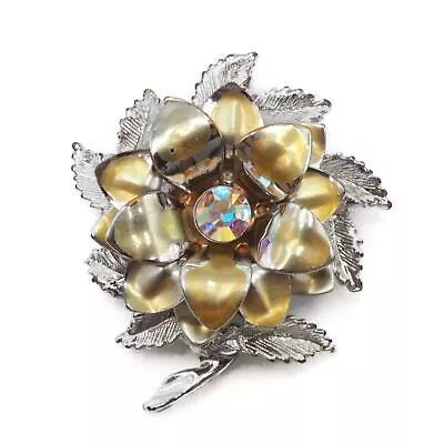 Vintage Silver Tone Flower Gold Enamel Aurora Borealis Rhinestone Fashion Brooch • $24.99