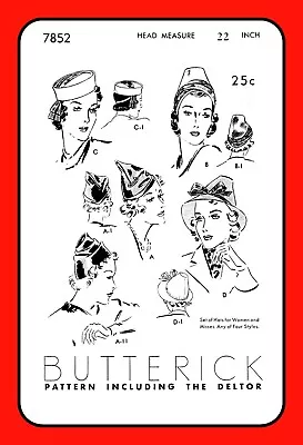 Misses HATS 4 Unique Styles VERY RARE Butterick 7852 Vintage 1938 Sewing Pattern • $6.50