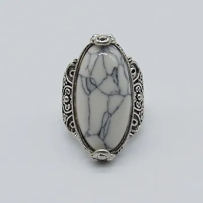 White Marble Cabochon Ring Size 10.25 Silver Tone Ornate Southwest Statement • $7.99