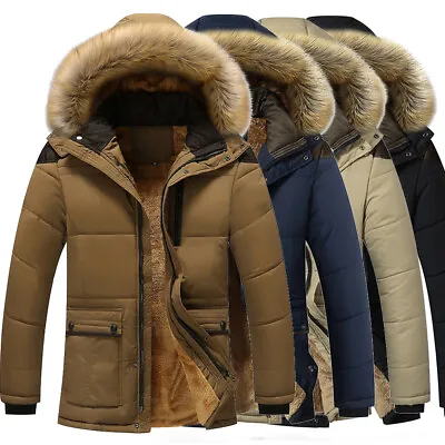 Men's Plus Velvet Jacket Winter Warm Fur Collar Thick Parka Coat Outwear Hooded • $39.09