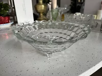 Fostoria American Cubist Clear Glass 3 Footed Serving Bowl 10” Vintage • $12