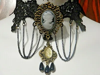  BLACK CAMEO BURLESQUE CHOKER Gothic Steampunk Victorian Lace Necklace Collar J5 • $12.99