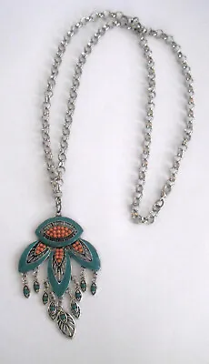 Vintage Silver Tone Enameled Floral Statement Necklace 24  Rolo Chain • $12.95