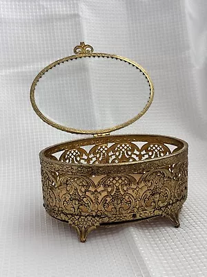 Vintage Ormolu Gold Tone Oval Jewelry Box Beveled Glass Lid Velvet Filagree • $30