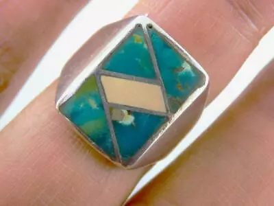 Antique Zuni Sterling Silver Tufa Casted Turquoise & Coral Men's Ring Size 11.5 • $79.99