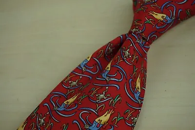 Salvatore Ferragamo Red Diving Duck Underwater Frog Pond 100% Silk Tie • $137.13