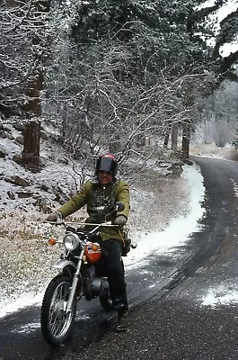 Man Driving Motorcycle Jacket Helmet Snow Trees Highway 35mm Slide Color Photo • $6.88