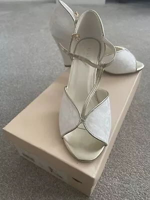 Ivory Wedding Shoes. T-Bar Peep Toe With Lace + Gold Detail. RRP £65. BNIB. • £45