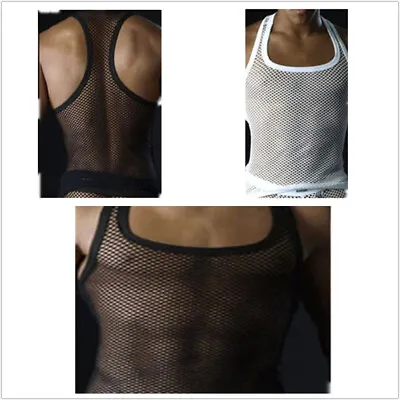 Fishnet Sexy Men Gay Mesh Vest T-shirt Sheer See-Through Perspective Shirt Tops • £5.99