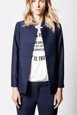 Zadig Voltaire Embellished Navy Blazer Size 34 Stand Up Collar Open Front • £119