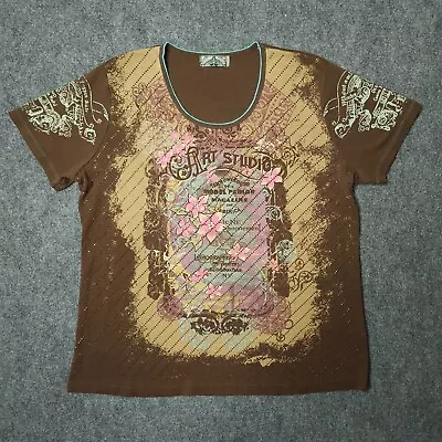 Vanilla Sugar T-Shirt Womens Size 3X Brown Floral & Rhinestones Y2K Boho • $24.97