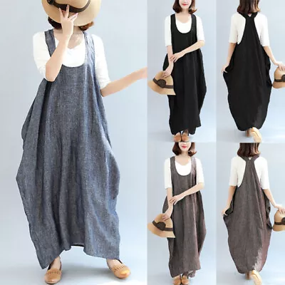 UK STOCK Women Dungaree Sleeveless Shirt Dress Back Cross Casual Loose Kaftan • £12.34