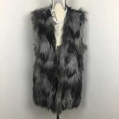 H&M BLACK GREY ZEBRA SHAG RAVE GLAM Club Festival FAUX FUR VEST SIZE 12 • $30