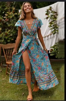 ZesicaL Bohemian Maxi Floral Wrap Belt Ruffle Hem Short Flutter Sleeve Dress • $22