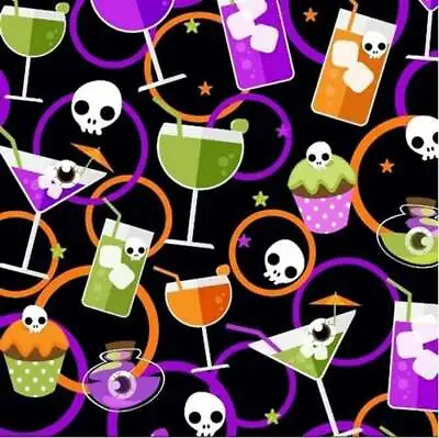 $9.28 • Buy 1/2 Meter Halloween Cocktail Martini On Black Cotton Quilting Fabric