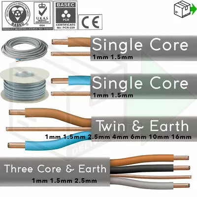 Twin And Earth 3 Core And Earth Single Core  Electrical Cable All Sizes Lengths • £87.95