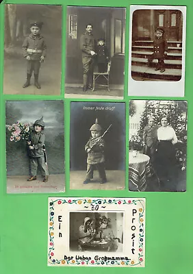 #D607. SEVEN WWI  PERIOD Etc   GERMAN POSTCARDS - CHILDREN IN MILITARY UNIFORMS • $175