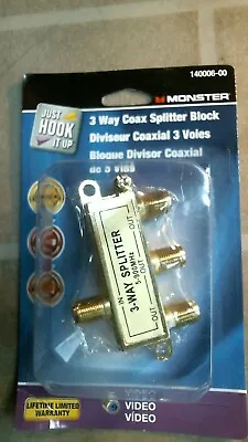 Monster Just Hook It 1400006-00 3 Way Coax Splitter Block Video  FREE SHIPPING • $9.99