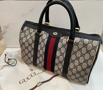 Vintage Gucci Monogram Boston Handbag GG W/Dust Bag Doctor Purse Nice! 13” Blue • $399