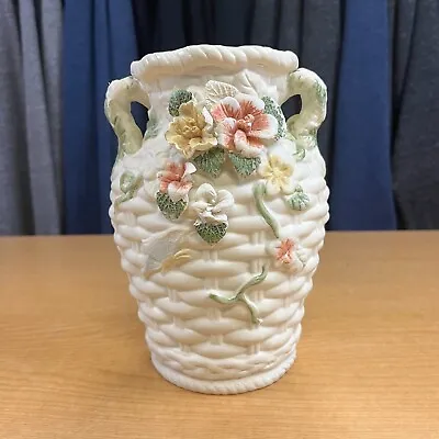 Vase White Basket Weave With Colored Roses Double Handle • $19.99