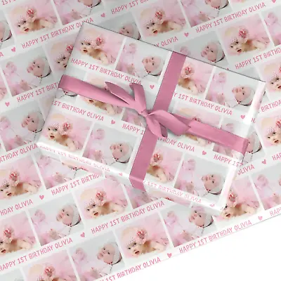 Personalised Pink 1st Birthday Print With Photo And Name Wrapping Paper • £15.99