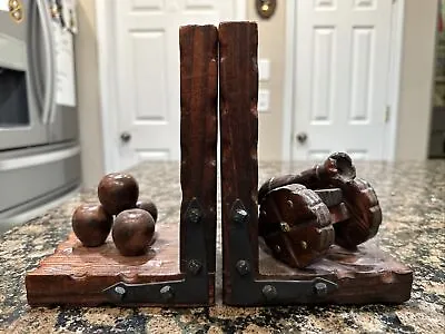 Vintage Wood Cannon And Balls Bookends Spanish Gothic Revival Medieval Décor • $19.99