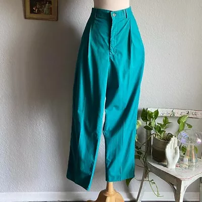 VINTAGE 80S 90S HIGH WAIST GREEN PLEATED TROUSER COTTON PANTS Size 18 • $20