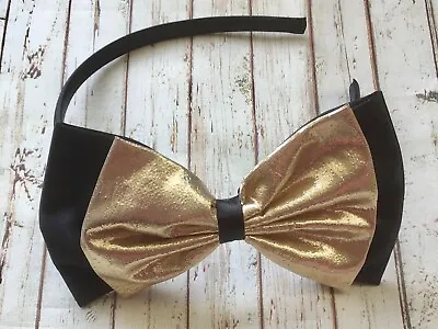 BLACK SATIN GOLD LAME 5  DOUBLE SIDE BOW ALICE HAIR HEAD BAND 80s PARTY GLAMOUR  • £4.99