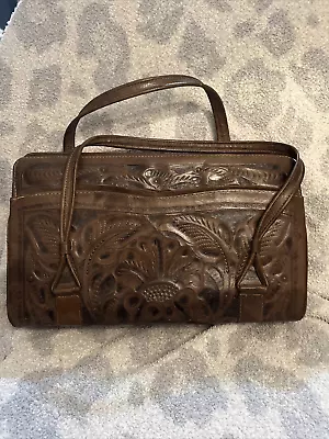 Vintage Hand Tooled Brown Leather Purse Cowgirl Western Floral Handbag • $39