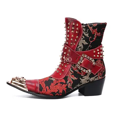 Floral British Cowboy Rivets Real Leather Pointy Toe Ankle Boots Heel Mens Shoes • $155.99