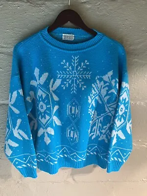 Vintage Gfc Ltd Christmas Sweater Blue Unisex Medium New York Usa Made 90s 80s • $18.75