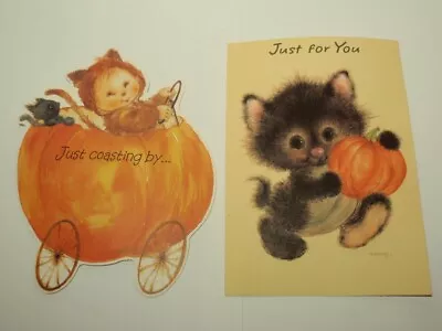 2 Vtg Hallmark Mary Hamilton Halloween Cards: Black Cat & Pumpkin Cart *NO ENVEL • $35