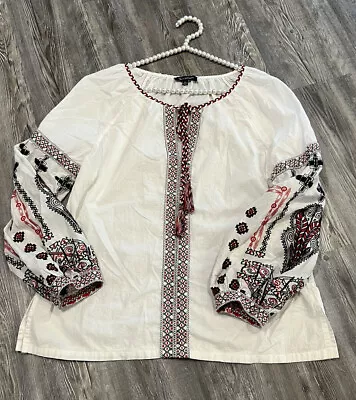 Max Edition Women's White Black Red Embroidered Long Sleeves Tasseled Shirt XL • $35