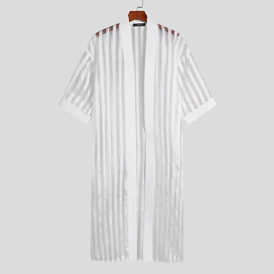 Fashion Men Open Front Mesh Sheer Tops Cardigan Casual Long Sun Coat Jacket Plus • $16.60